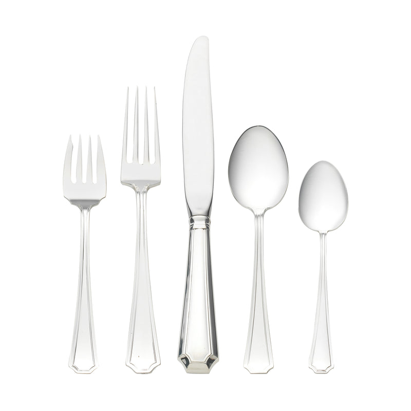 Sterling silver dinner flatware set with polished forks and spoons