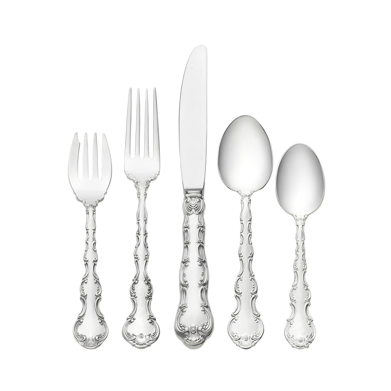 Gorham Strasbourg sterling silver flatware set, ornate handles with knife, fork, spoons