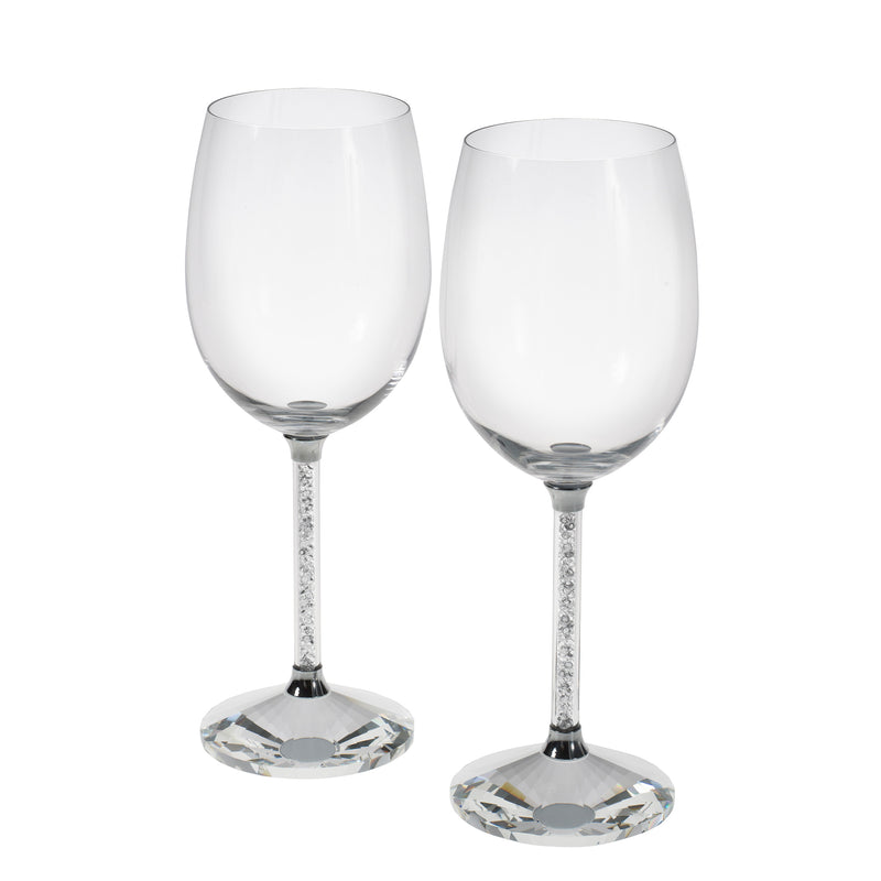 Diamond set of 2 goblet glasses, clear glass with faceted crystal-style stems and bases