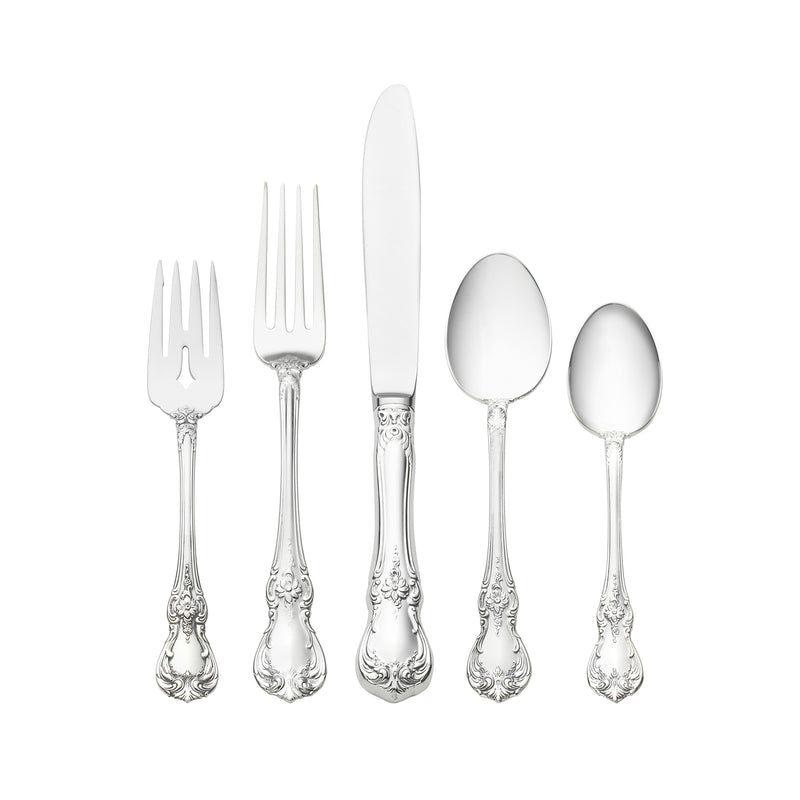 Sterling silver flatware set with ornate Old Master-style scroll handles, 5-piece shown