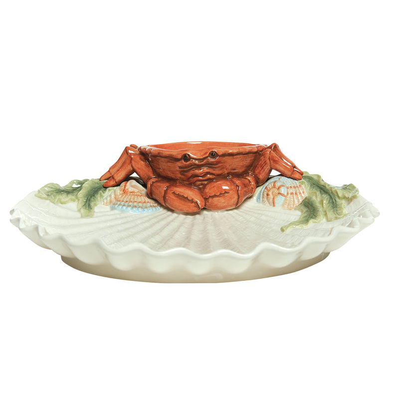 Ceramic hors d'oeuvre server with white scalloped platter, green accents, brown center dish