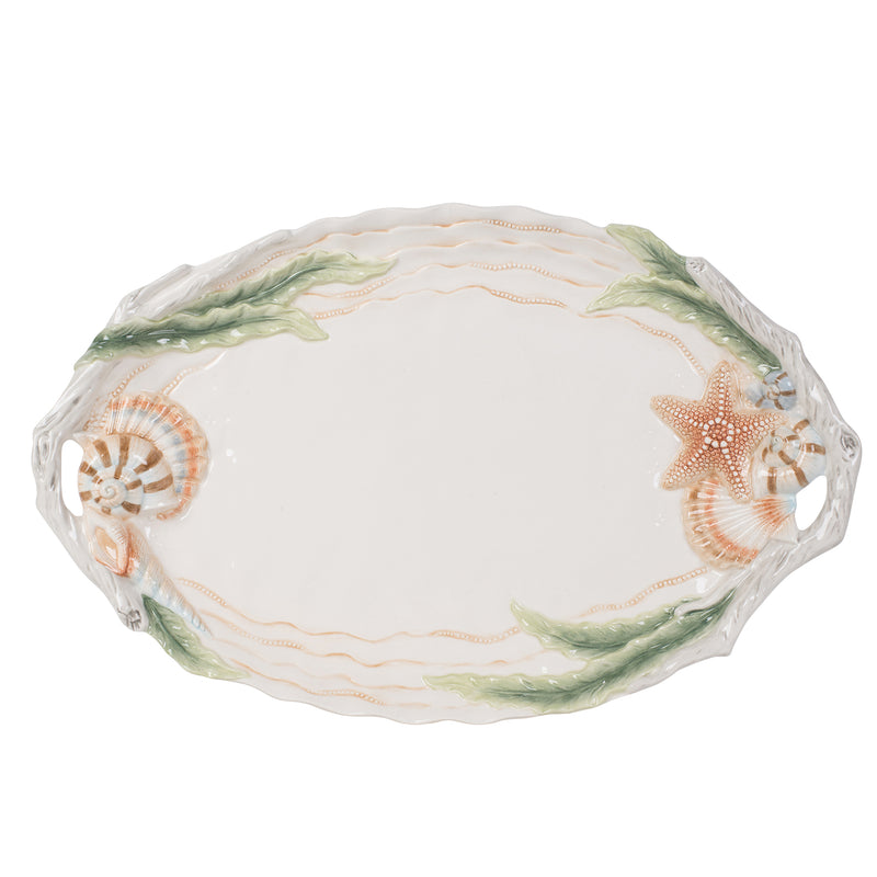 Fitz and Floyd Newport Home serving platter, white ceramic with starfish & seashells