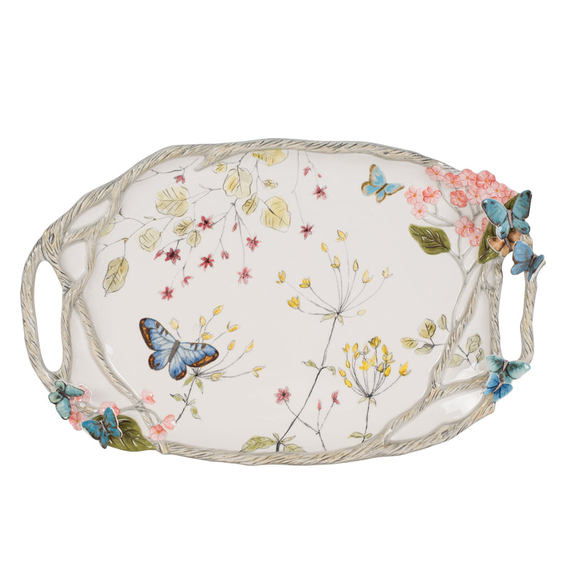 Fitz and Floyd Butterfly Fields oval platter with butterfly and floral pattern, scalloped rim