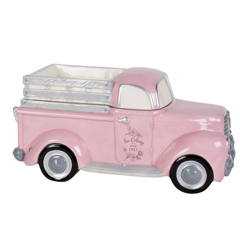 Fitz and Floyd pink truck cookie jar with lid and raised panel detailing