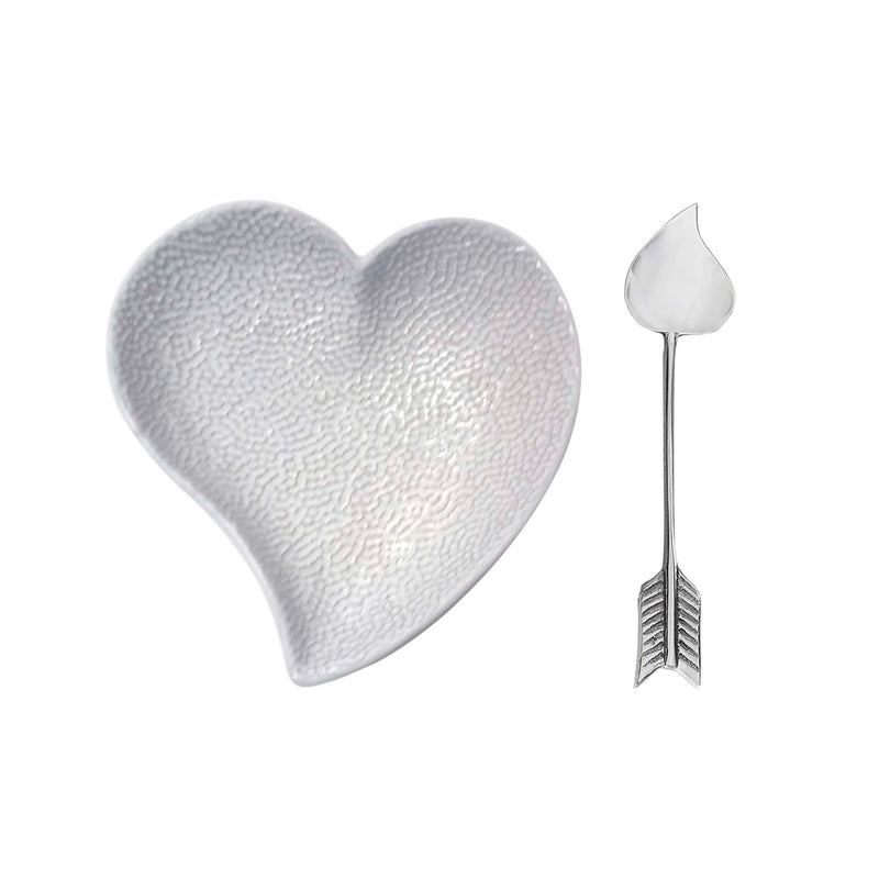 Mariposa ceramic heart dish with textured silver finish and arrow-shaped spoon