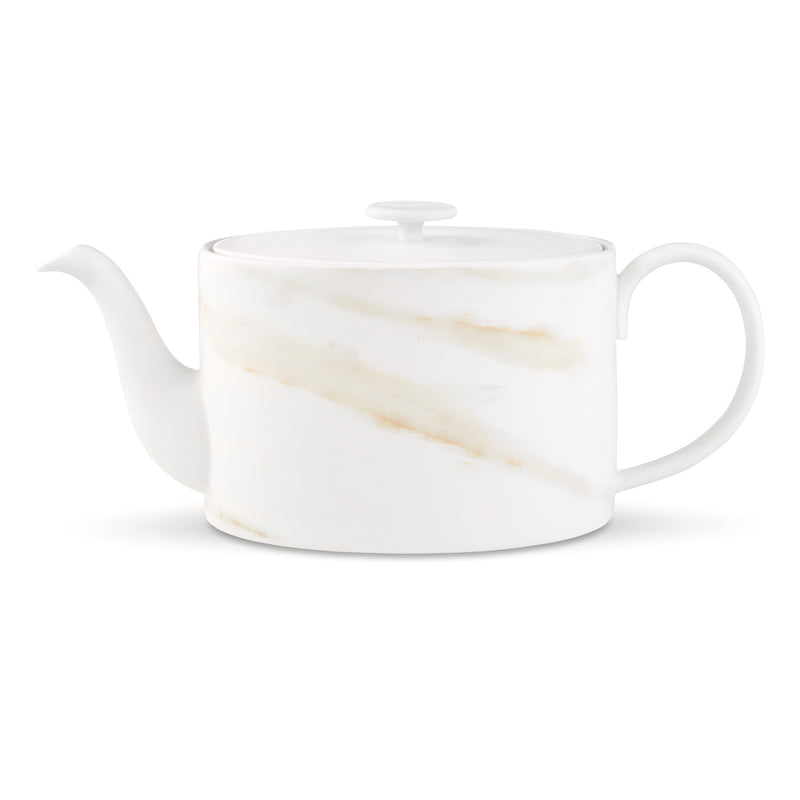 White ceramic teapot with marble-like veining and domed lid knob