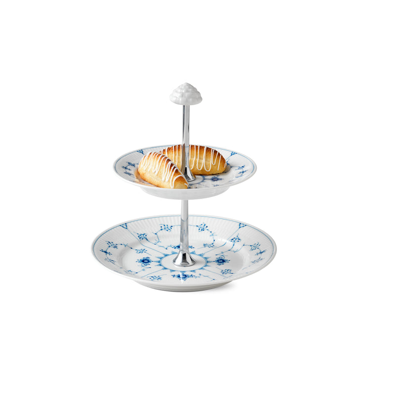 Porcelain 2-tier etagere with blue-and-white fluted plates and metal stand