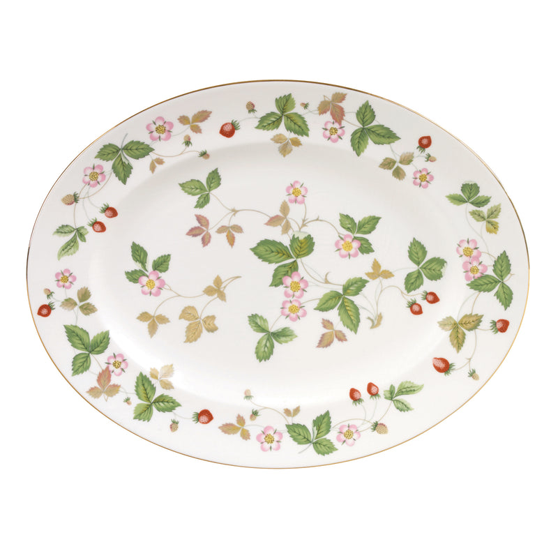 Oval porcelain serving platter with wild strawberry floral border