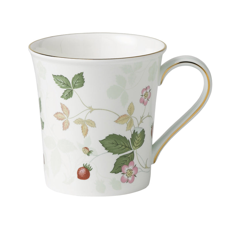 Wedgwood Wild Strawberry beaker, white with pink flowers, green leaves, gold trim.