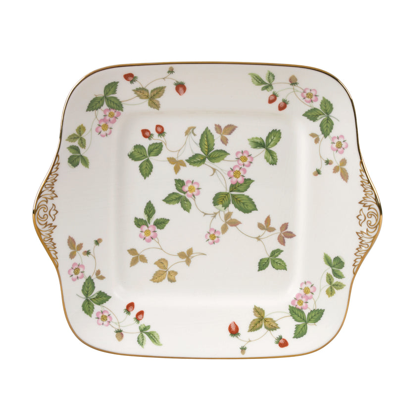 Wedgwood Wild Strawberry square cake plate, white with pink flowers and green leaves.