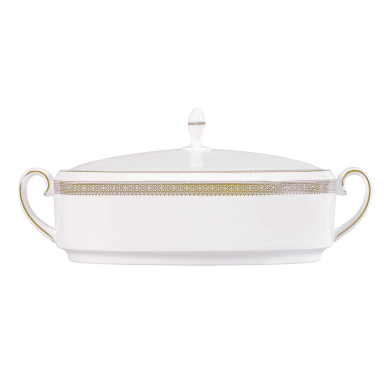 Vera Wang for Wedgwood covered vegetable bowl with white porcelain, gold trim, and domed lid