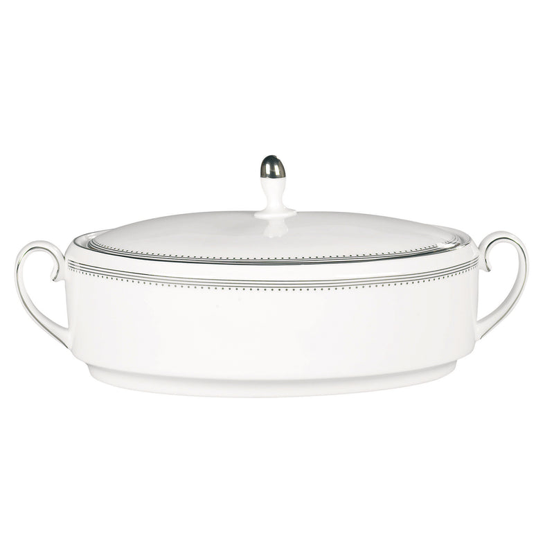 White covered vegetable bowl with domed lid, finial knob, side loop handles