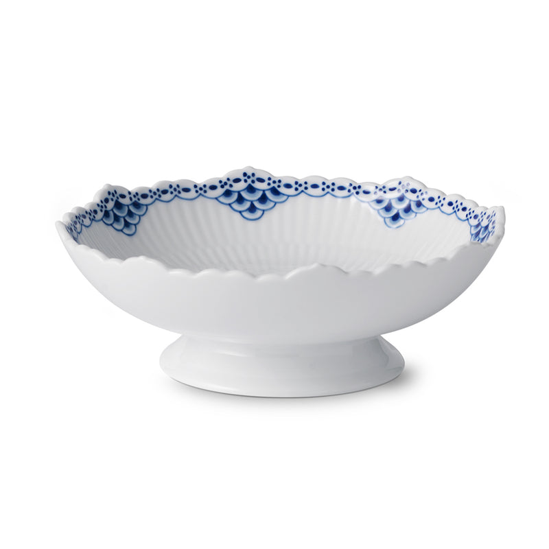 Royal Copenhagen Princess footed bowl, white porcelain with blue scalloped floral rim