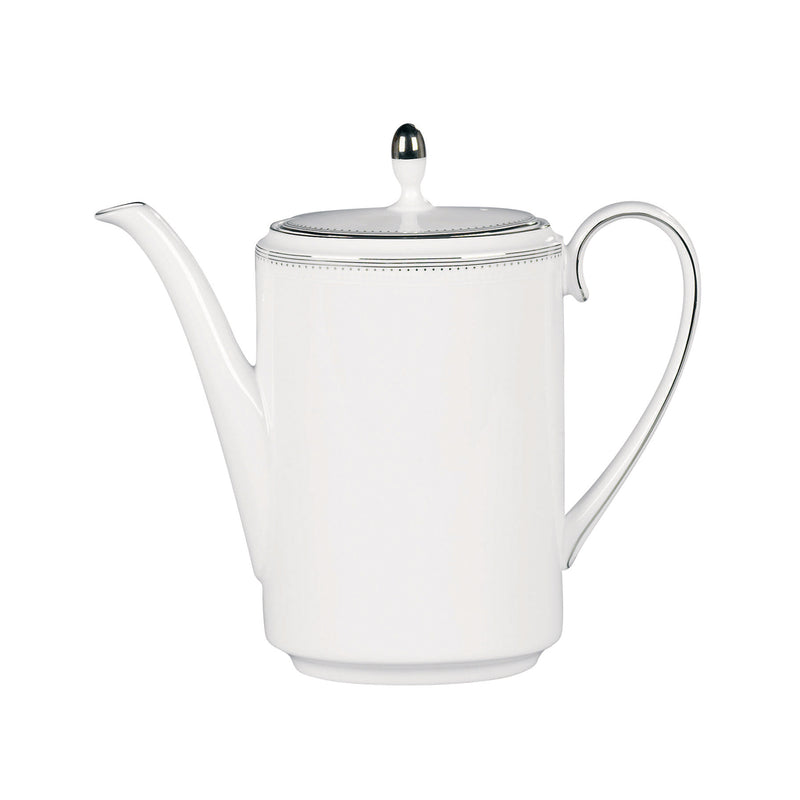 White porcelain coffee pot with domed lid and curved handle, silver trim ring