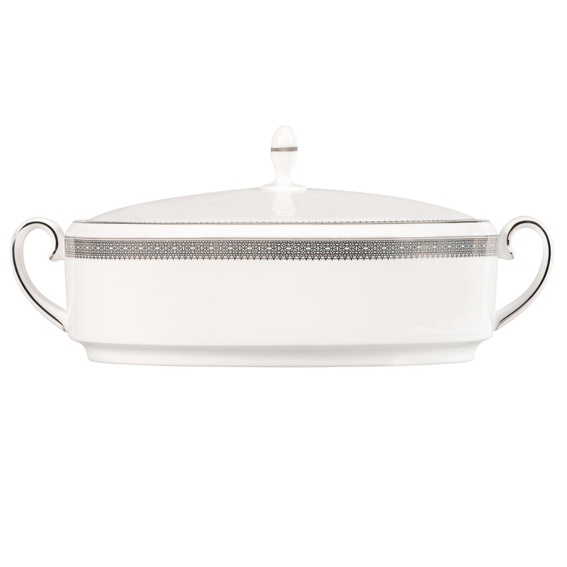 Vera Wang for Wedgwood lace-covered vegetable bowl, white ceramic with domed lid and side handles