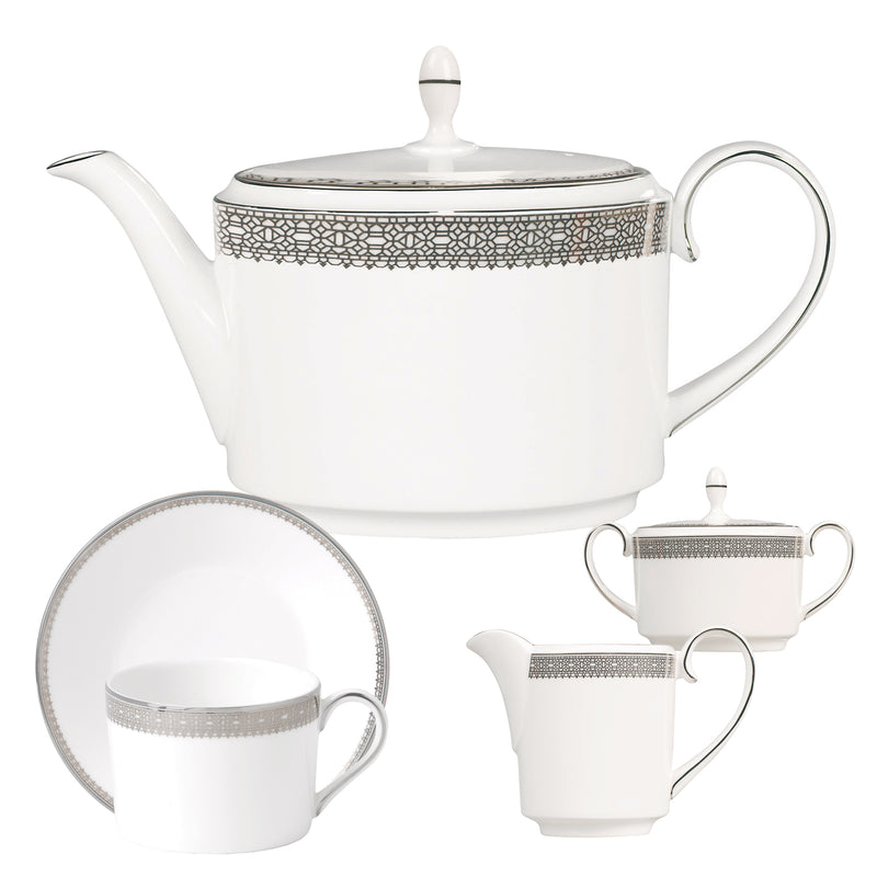 Porcelain teapot with lace trim band and domed lid, white