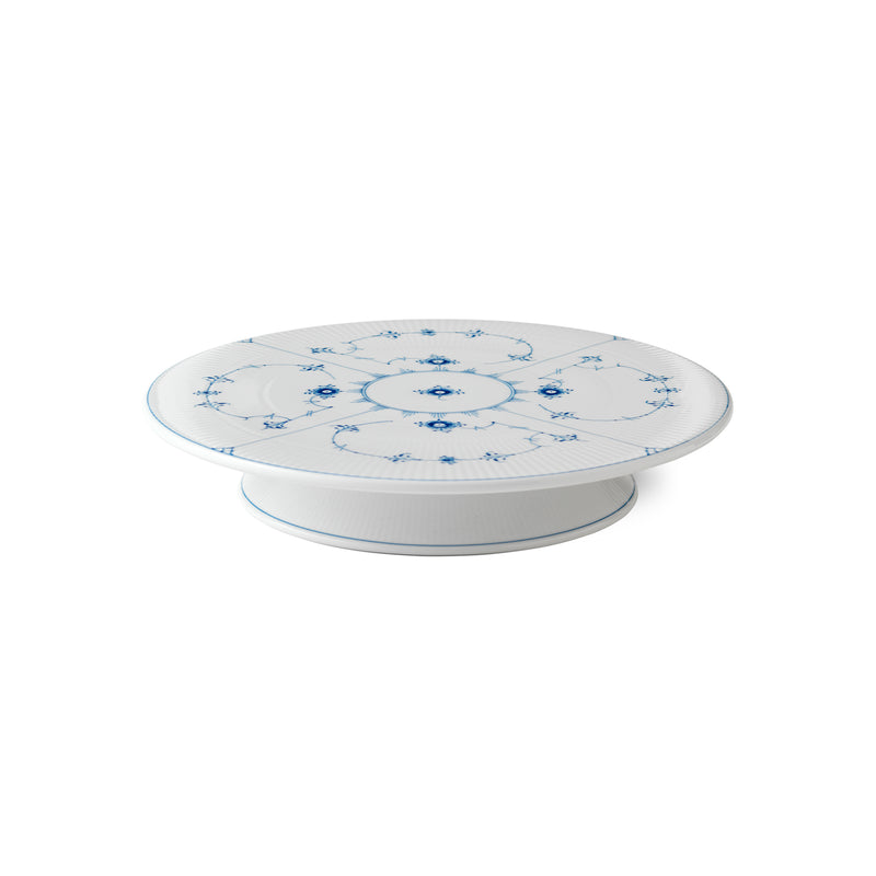 Porcelain footed cake plate with blue fluted pattern, round white base