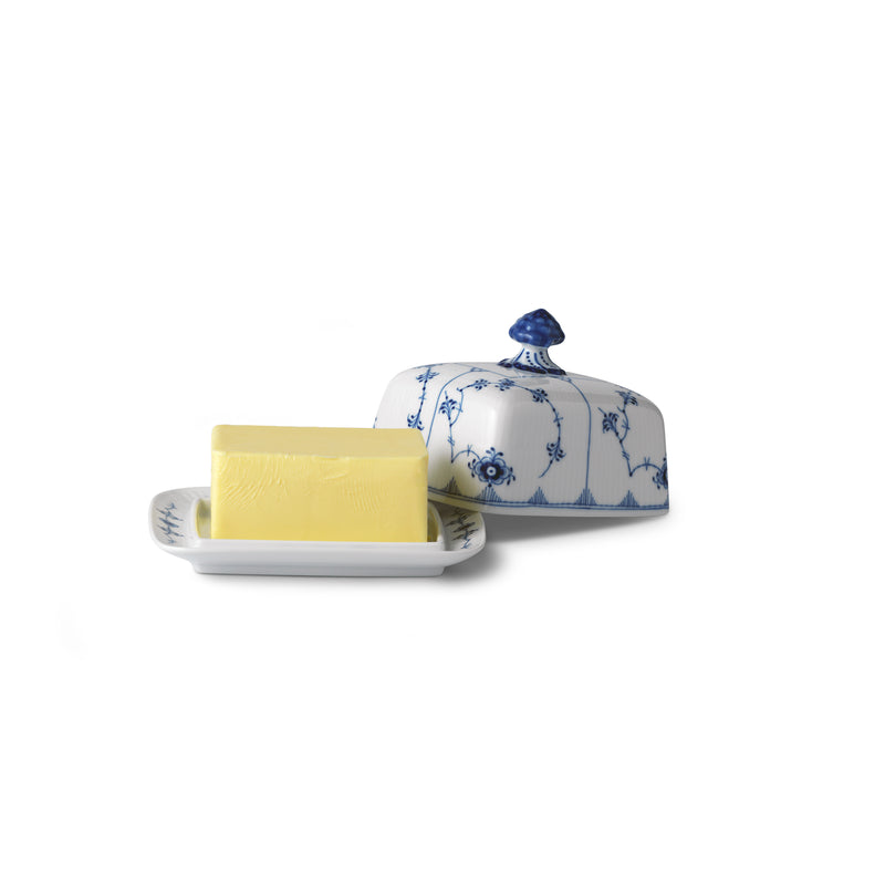 Royal Copenhagen porcelain butter dish with blue fluted pattern and finial knob