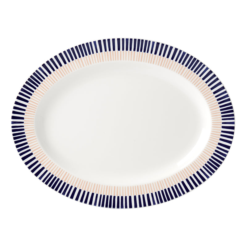 Oval platter with white center and navy striped border, Kate Spade New York Brook Lane