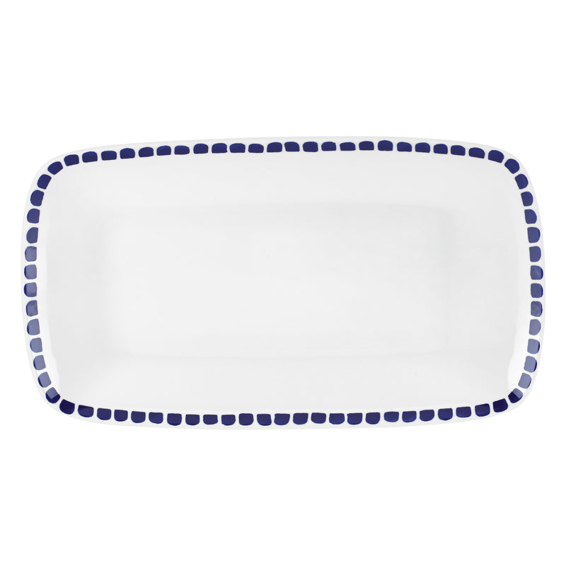 Kate Spade New York blue serving tray with dotted border and rounded rectangle shape