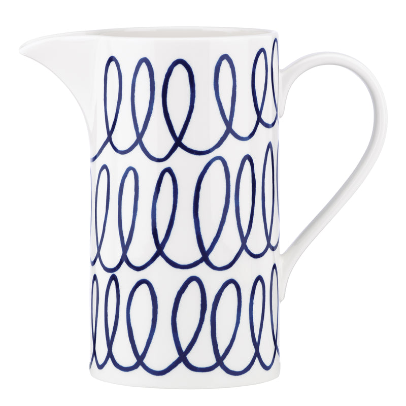Kate Spade New York Charlotte Street West blue pitcher, white with blue script pattern