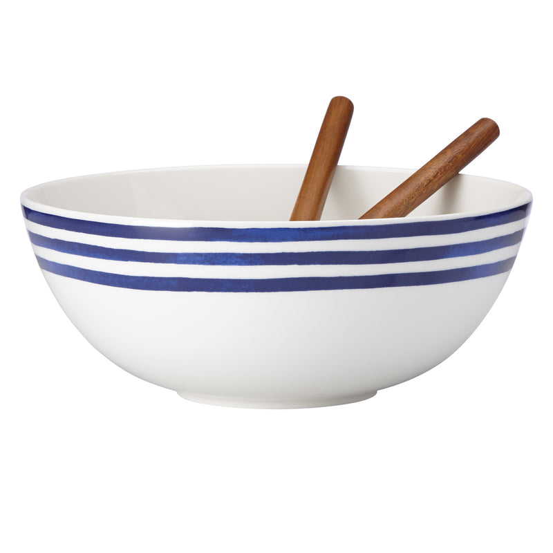 Kate Spade New York Charlotte Street North blue salad bowl with wood servers