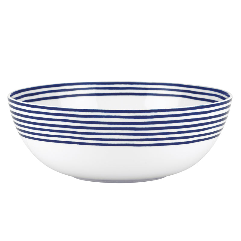 Ceramic serving bowl with white base and navy-blue horizontal stripes, Kate Spade New York