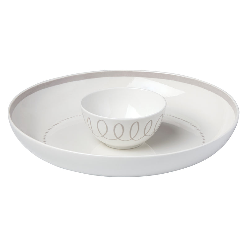 Kate Spade New York chip and dip set: round gray-rim platter with matching dip bowl