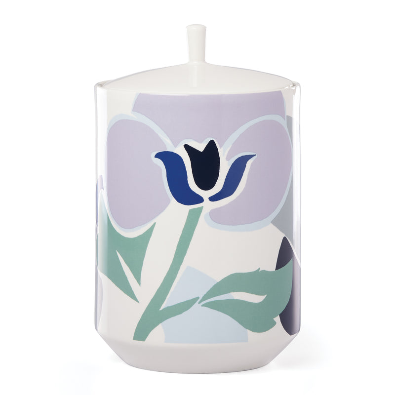 Kate Spade New York blue floral cookie jar with tulip design and white lid
