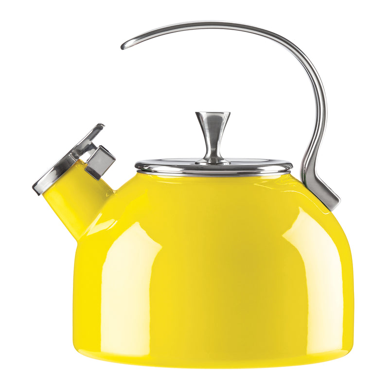 Yellow tea kettle with stainless steel handle, spout, and lid knob