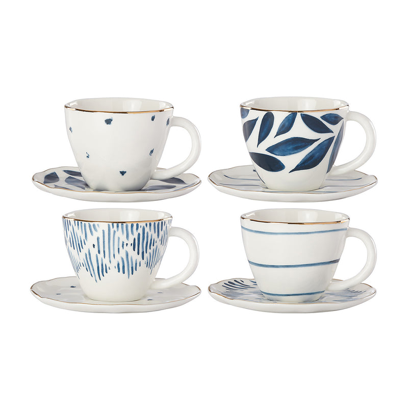 Lenox Blue Bay set of 4 espresso cups and saucers, blue patterned ceramic