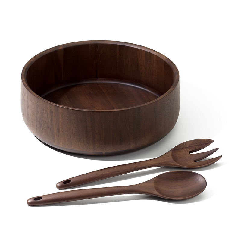 Dansk Hamund acacia wood salad serving set with bowl, fork, and spoon.