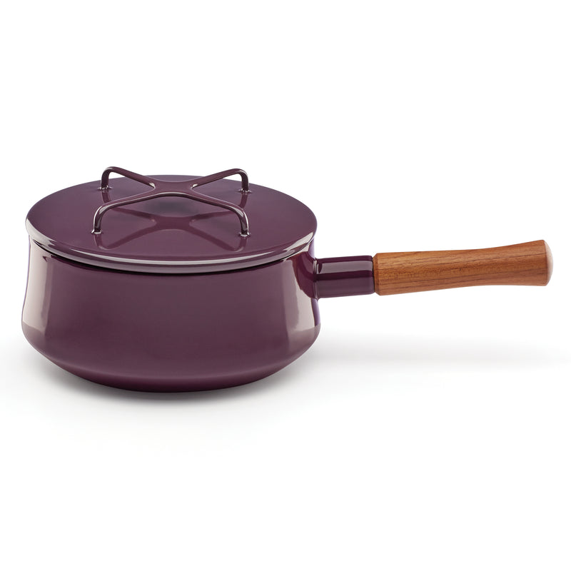Plum enamel saucepan with lid, two handle rings, and wooden side handle