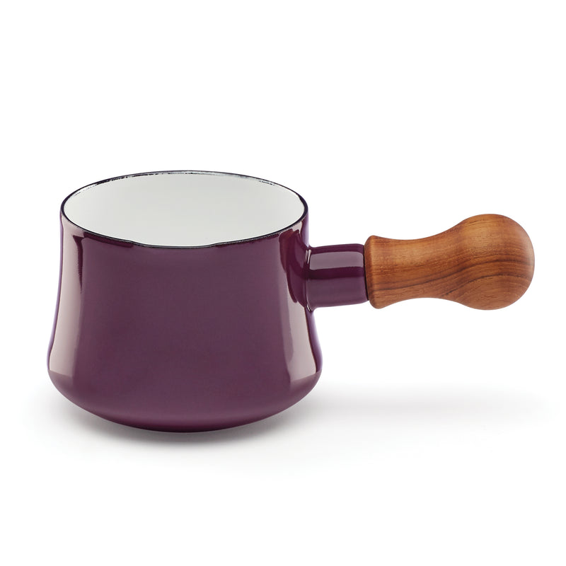 Plum butter warmer ceramic pot with wooden handle and glossy purple finish