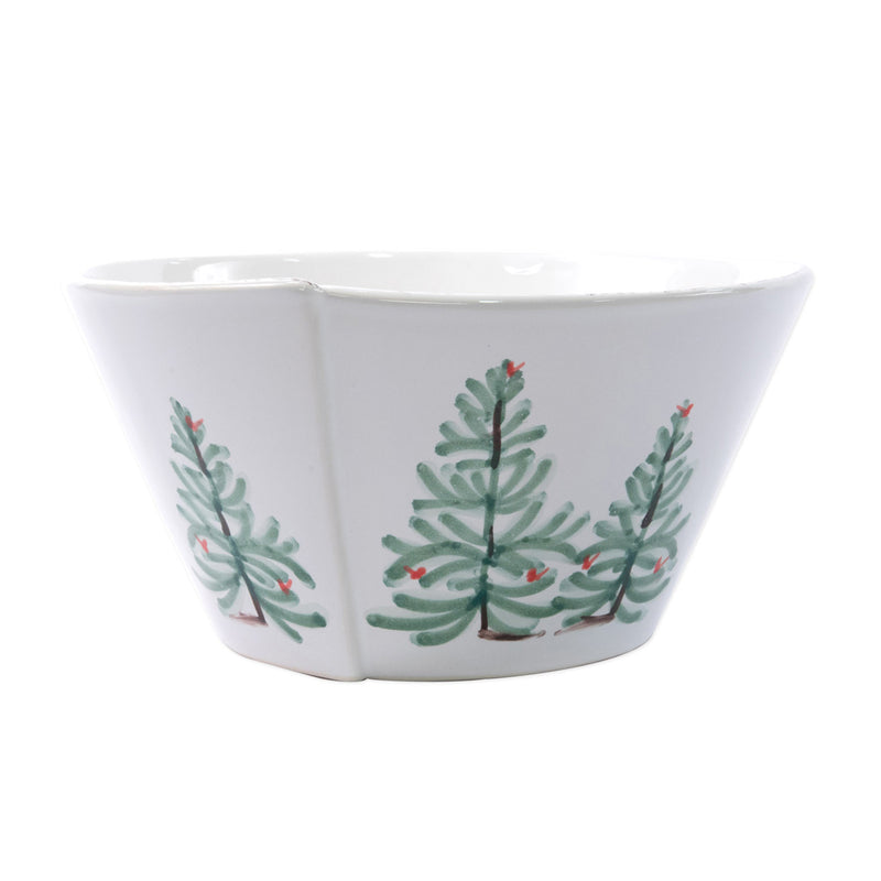 Vietri Lastra Holiday medium stacking serving bowl, white with green pine branches