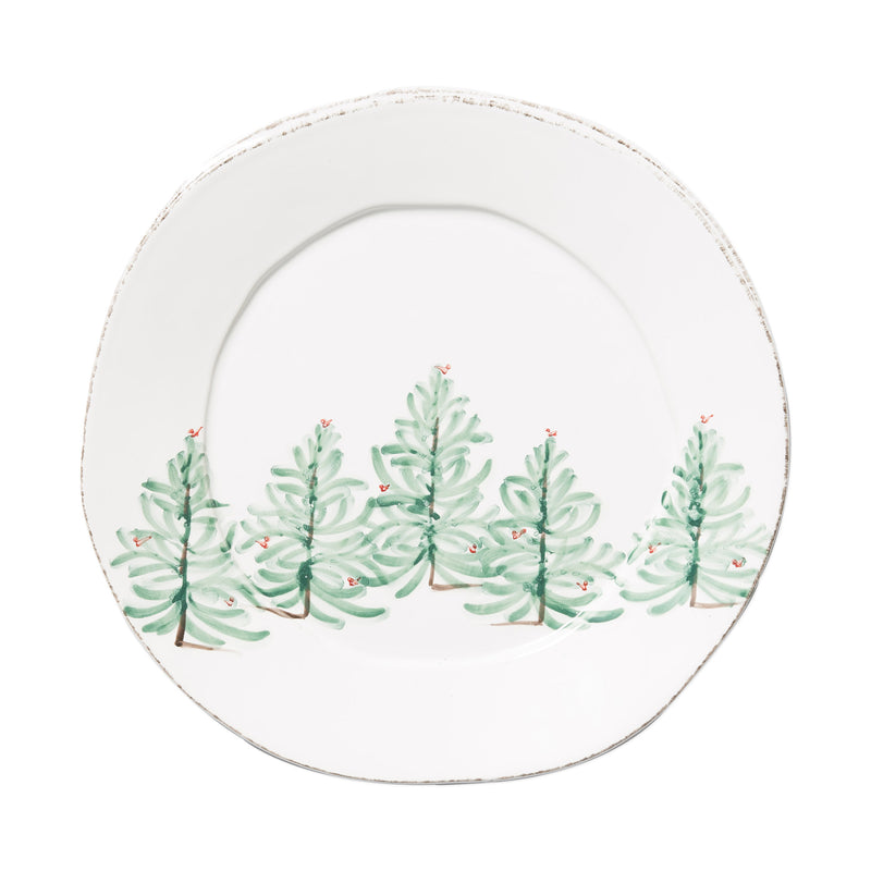Vietri Lastra Holiday round platter with green pine-tree motif and patterned rim
