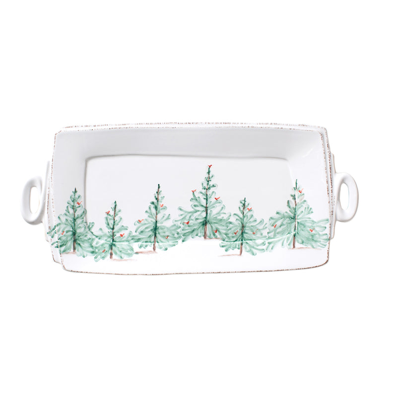 Vietri Lastra Holiday rectangular handled platter, white with green evergreen border