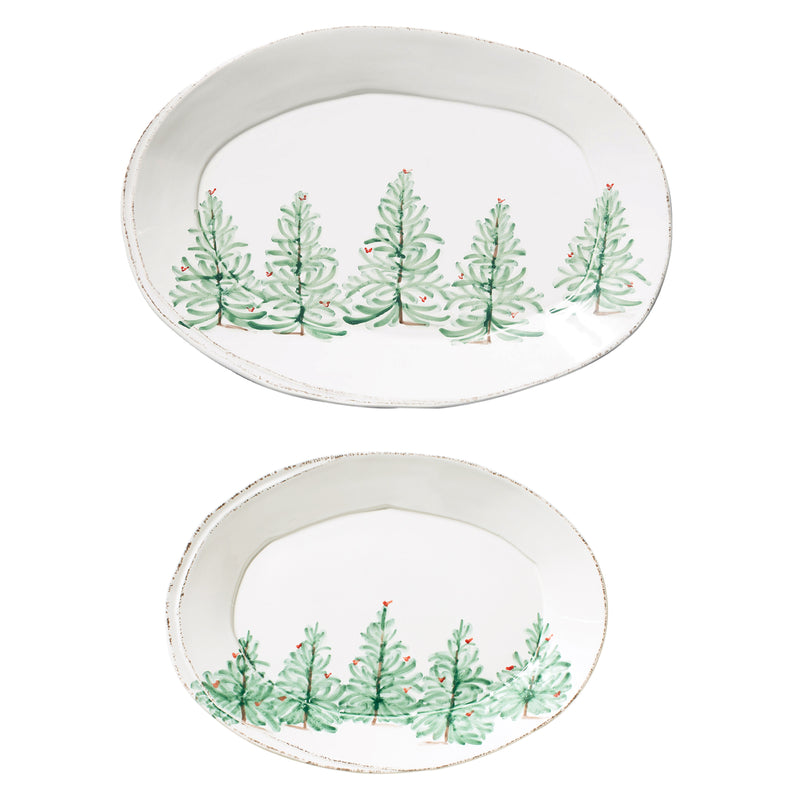 Vietri oval holiday platter with white glaze, green pine tree border, scalloped rim.