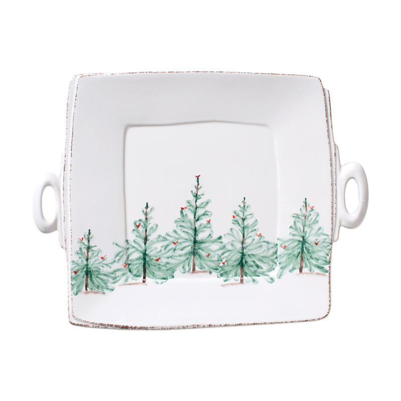 Square handled holiday ceramic platter with painted pine trees on white