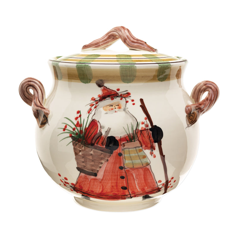Vietri Old St. Nick cookie jar with lid, side handles, red winter figure design
