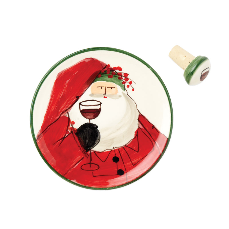 Ceramic canape plate with Santa holding a wine glass, red and green rim