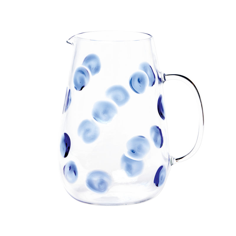 Vietri glass pitcher with blue drop pattern, clear body and curved handle