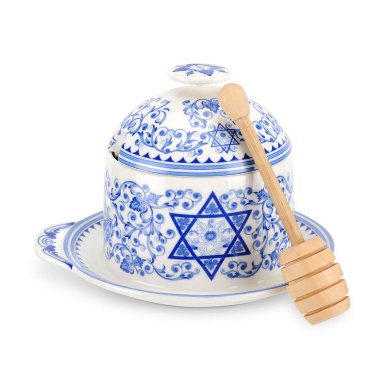 Judaica honey pot with drizzler, blue-and-white ceramic lid and star motif, with wooden honey scoop