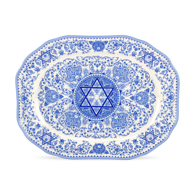 Spode Judaica oval platter with blue Star of David and scroll border