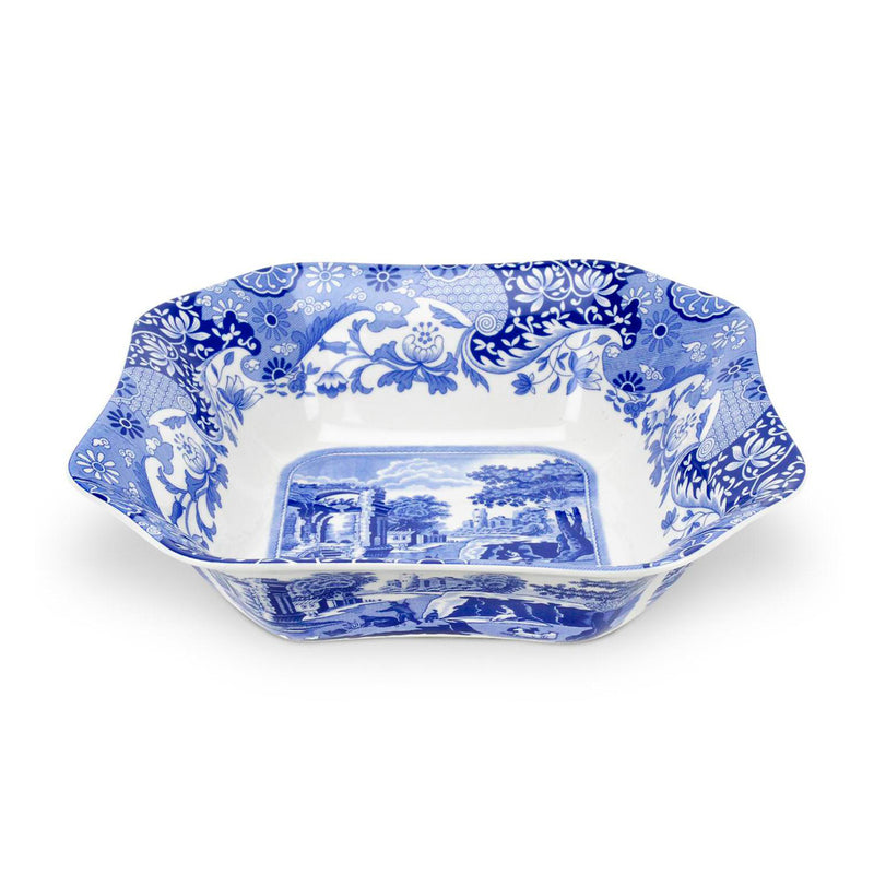 Spode Blue Italian square serving bowl, blue-and-white transfer print with landscape scene