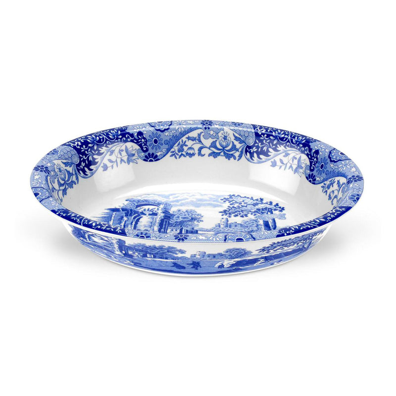 Spode Blue Italian oval rim dish, white with blue transfer-style village scene