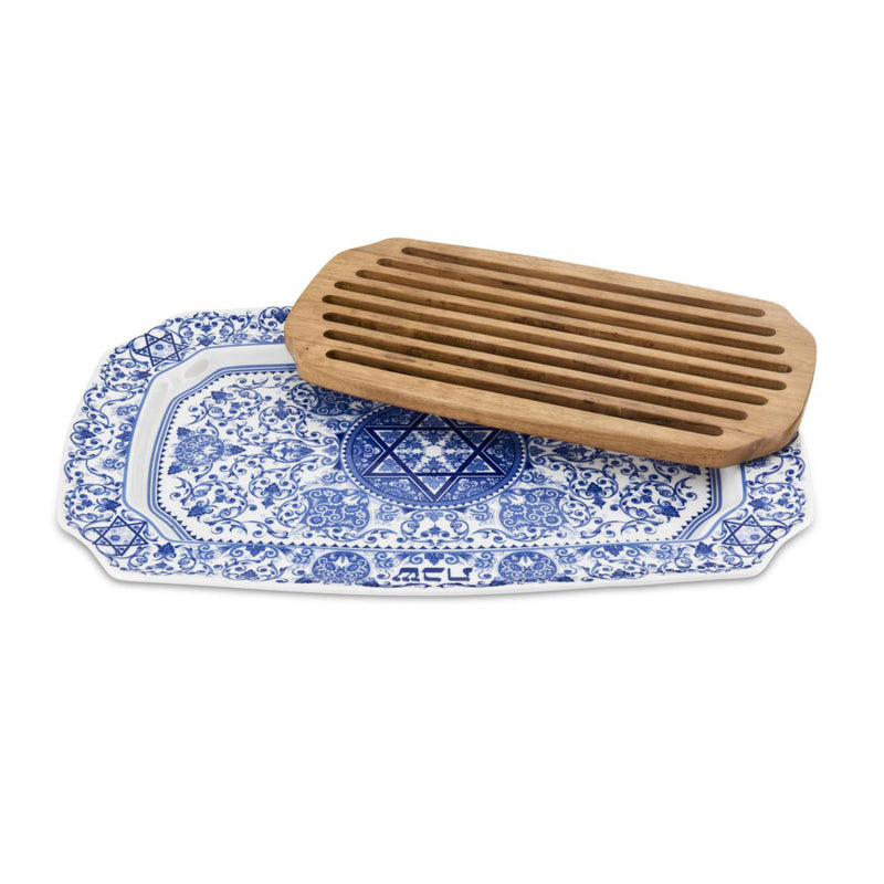 Blue ceramic challah tray with wooden slotted insert, Star of David pattern.