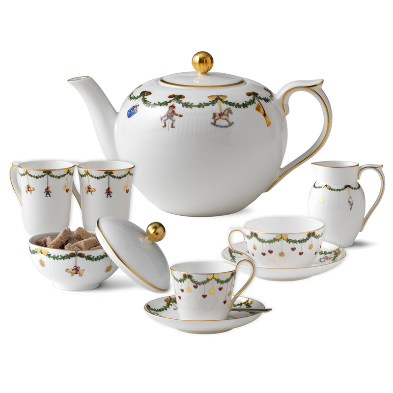 Royal Copenhagen Star Fluted tea service set with white porcelain cups and teapot, gold accents