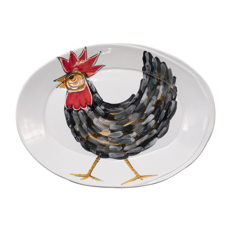 Vietri Fortunata small oval ceramic platter with painted rooster in red and black