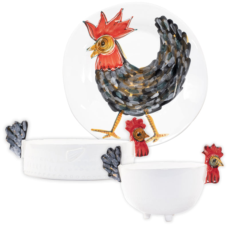 Vietri Fortunata rooster serving bowl, white ceramic with red comb multicolor rooster